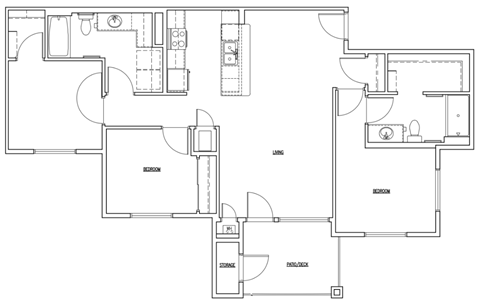 Floor plan for 3 beds, 2 baths, 1255 sqft